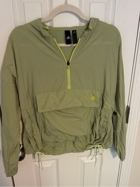 adidas Olive Green Windbreaker with Neon Lime Zip Accent